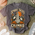 Columbus Halloween T-Shirt, LeVeque Tower Moon and Ghosts, Woodcut Folk Art, Comfort Colors Ohio Souvenir