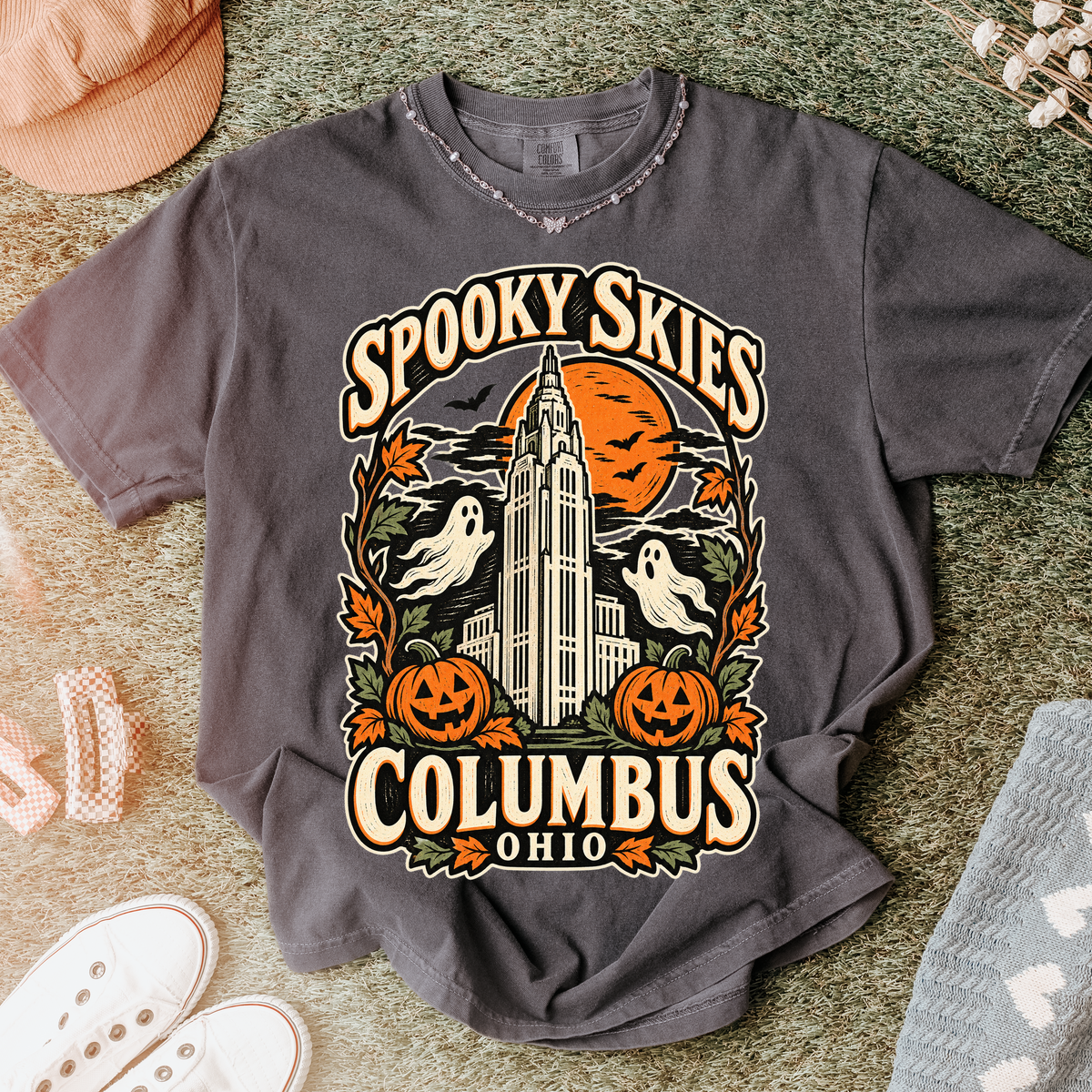 Columbus Halloween T-Shirt, LeVeque Tower Moon and Ghosts, Woodcut Folk Art, Comfort Colors Ohio Souvenir