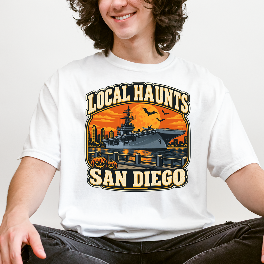 San Diego Halloween T-Shirt, USS Midway Harvest Moon, Comfort Colors Retro California Souvenir, Local Haunts