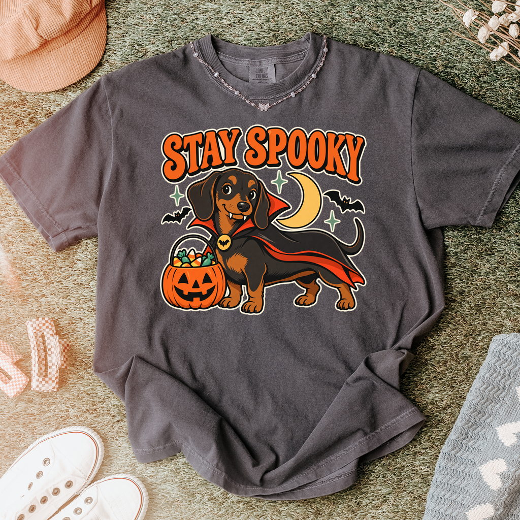 Vampire Dachshund Halloween T-Shirt, Stay Spooky Retro 1950s Cartoon, Pumpkin Candy Bucket, Comfort Colors