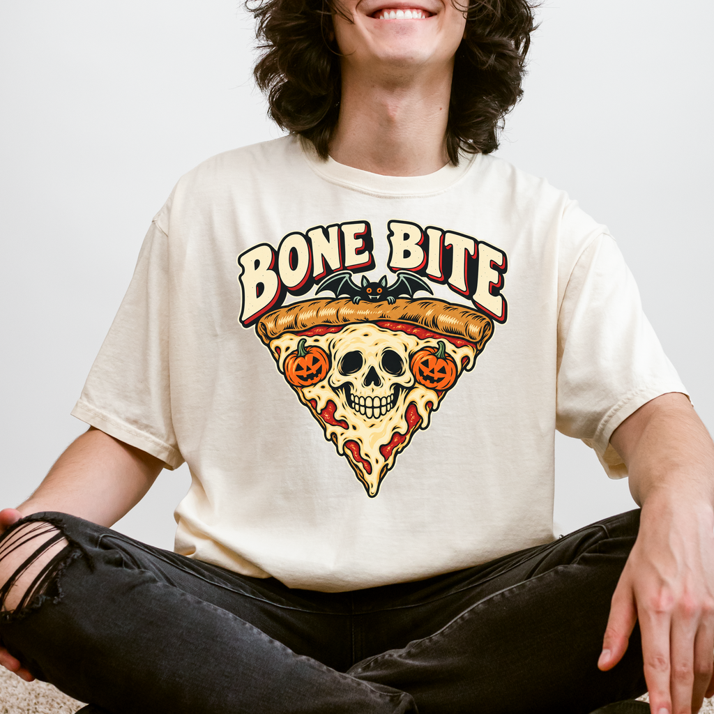 Skeleton Pizza Halloween T-shirt, Bone Bite Retro Diner Skull Slice, Pumpkin and Bat Comfort Colors