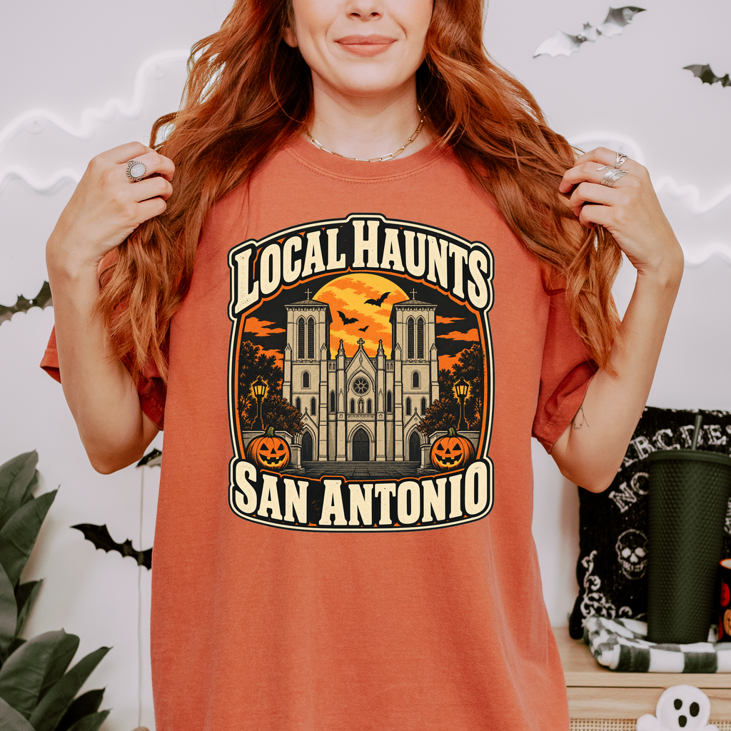 San Antonio Halloween T-Shirt, San Fernando Cathedral, Comfort Colors Retro Souvenir, Harvest Moon and Pumpkins