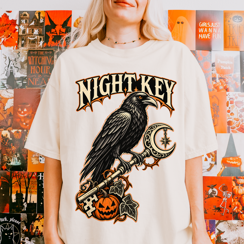Raven Halloween T-Shirt, Ornate Skeleton Key and Pumpkin, Gothic Woodcut Spooky Season Art, Comfort Colors