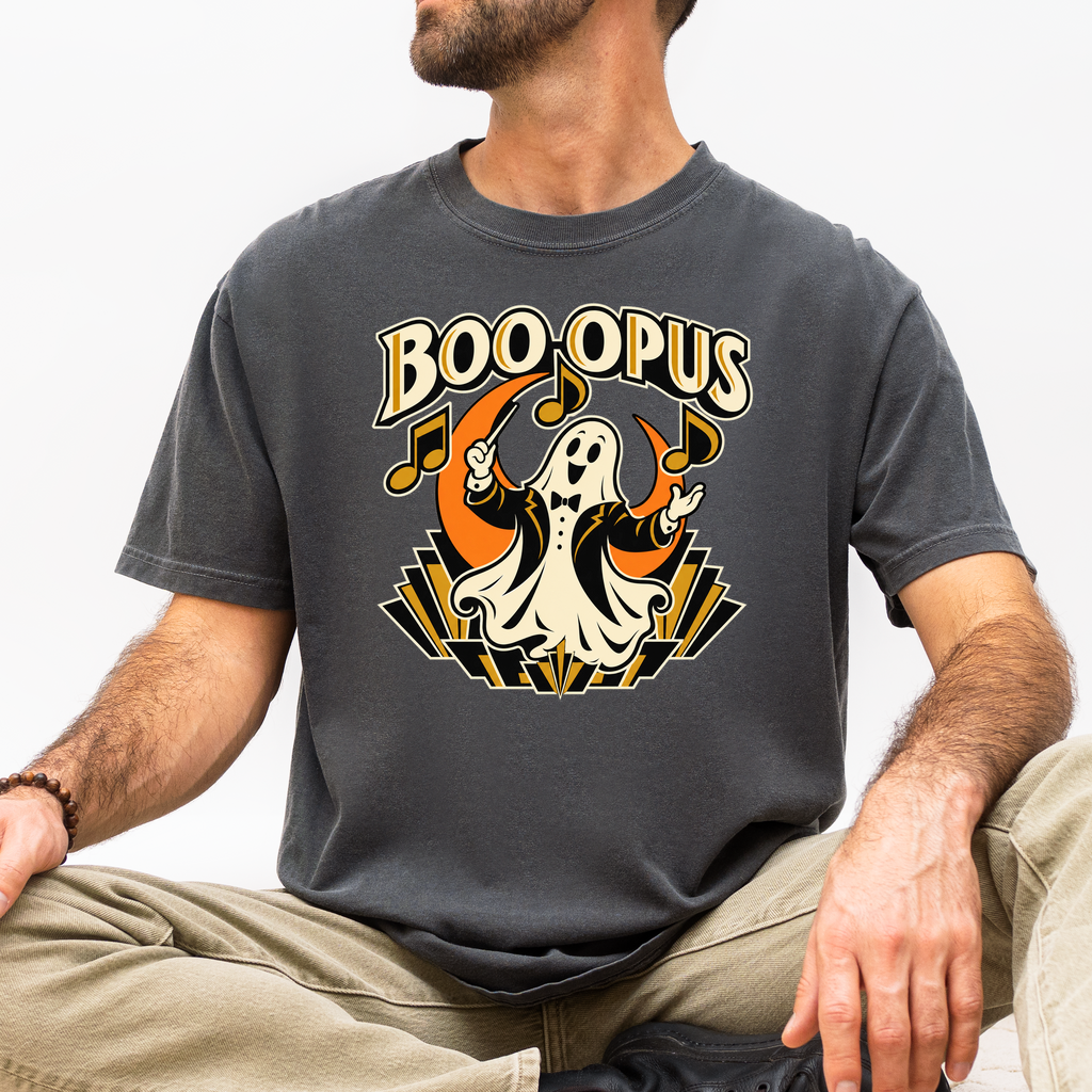 Ghost Music Conductor Halloween T-Shirt, Boo Opus Art Deco Musical Notes, Comfort Colors Spooky Season