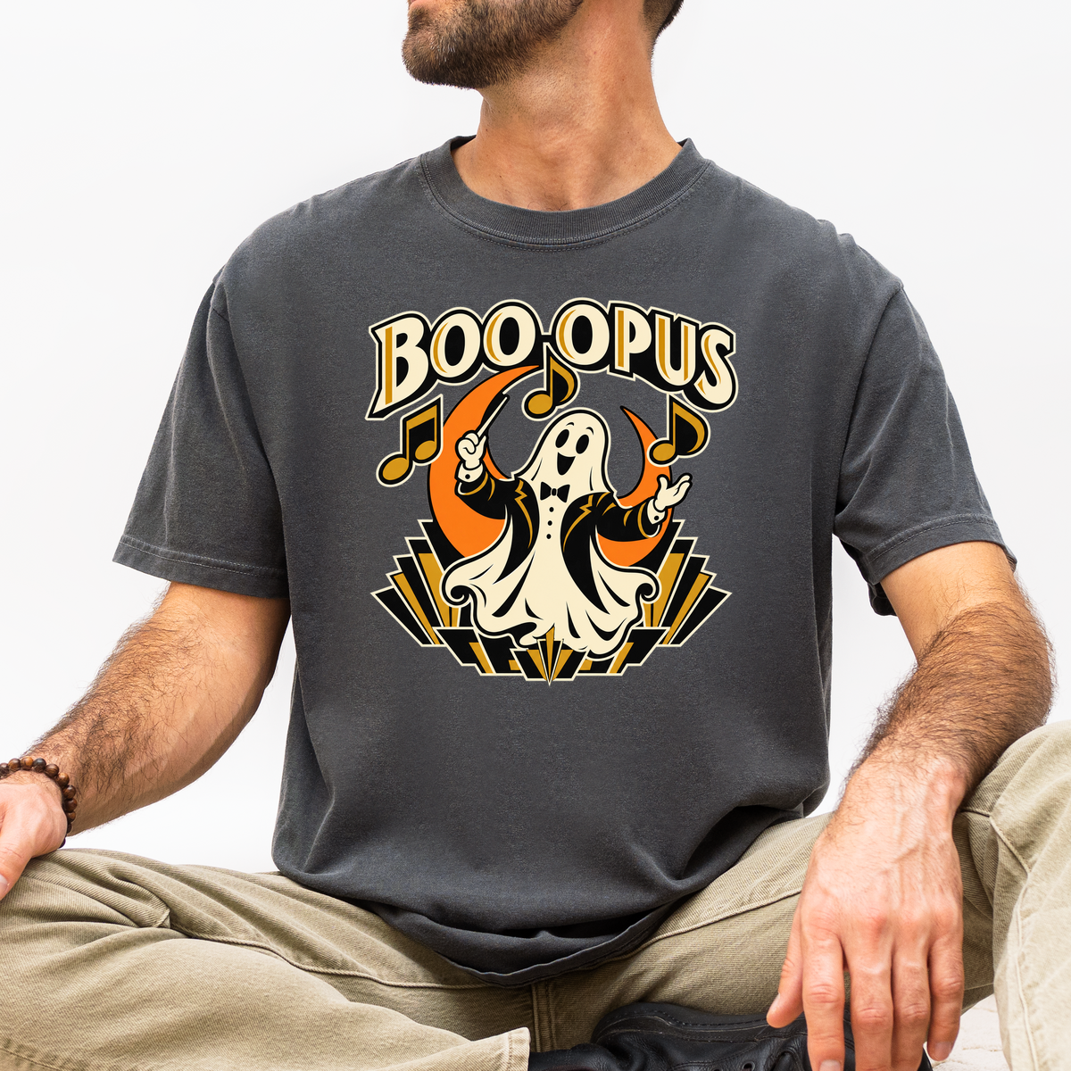 Ghost Music Conductor Halloween T-Shirt, Boo Opus Art Deco Musical Notes, Comfort Colors Spooky Season