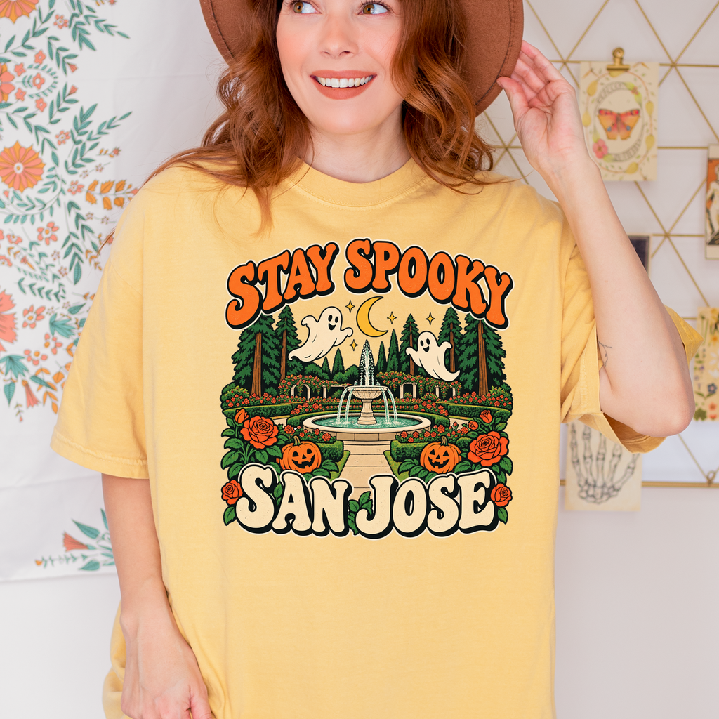 San Jose Halloween T-Shirt, San Jose Municipal Rose Garden Ghosts, Retro 1950s Cartoon, Comfort Colors California Souvenir