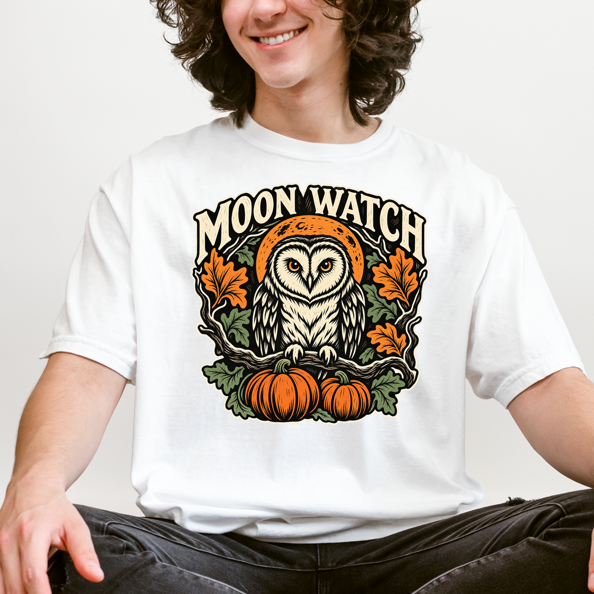 Owl Halloween T-Shirt, Moon Watch Pumpkin Woodcut Folk Art, Autumn Moon Comfort Colors