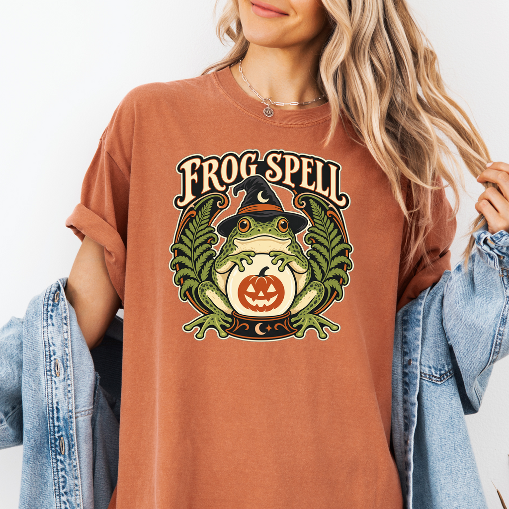 Frog Halloween T-Shirt, Fortune Teller Crystal Ball and Pumpkin, Art Nouveau Botanical Comfort Colors