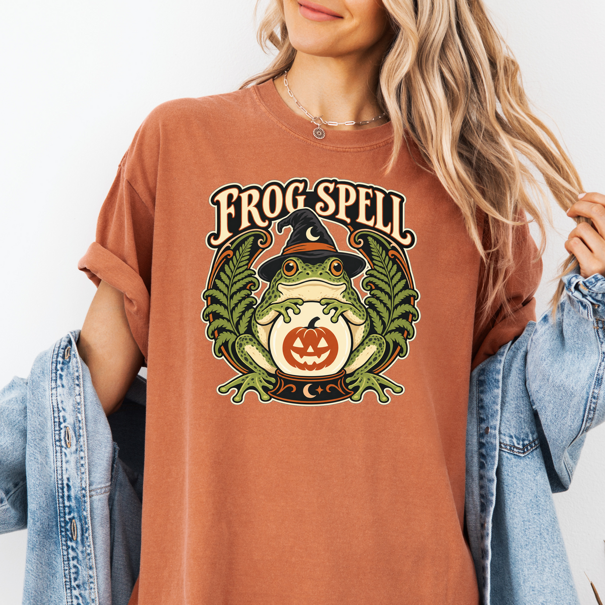 Frog Halloween T-Shirt, Fortune Teller Crystal Ball and Pumpkin, Art Nouveau Botanical Comfort Colors