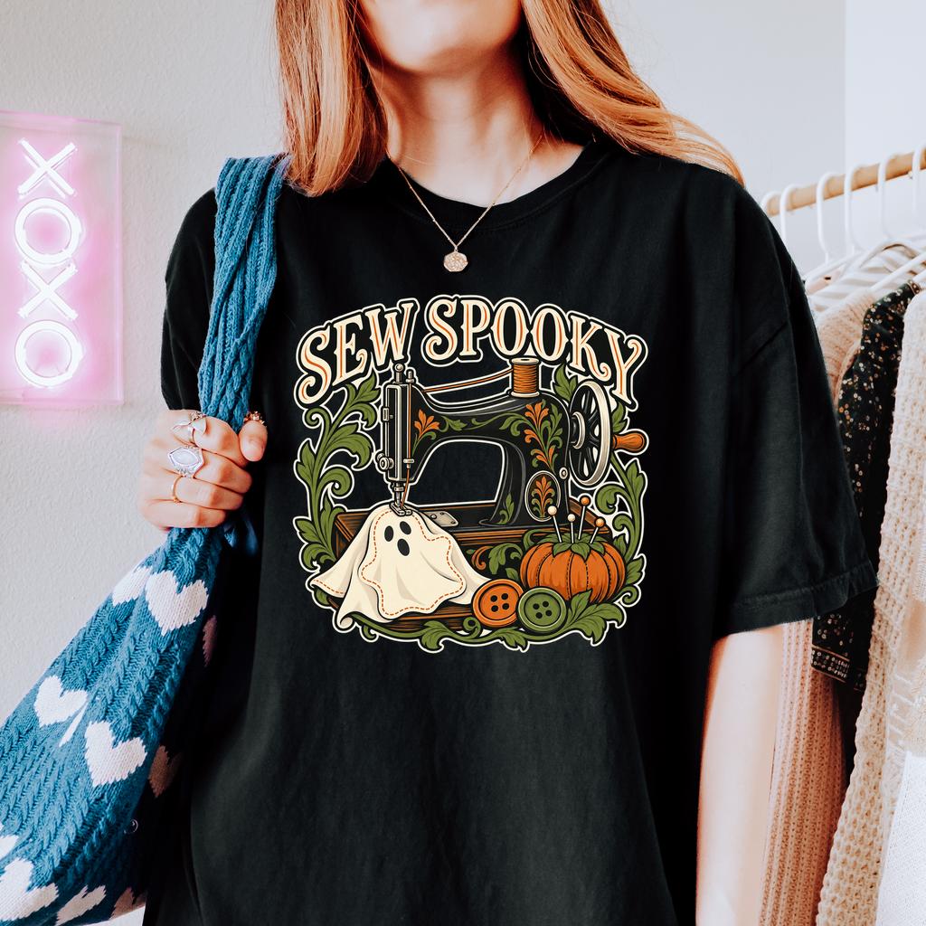 Sewing Machine Halloween T-Shirt, Sew Spooky Ghost Patch, Art Nouveau Pumpkin Design, Comfort Colors