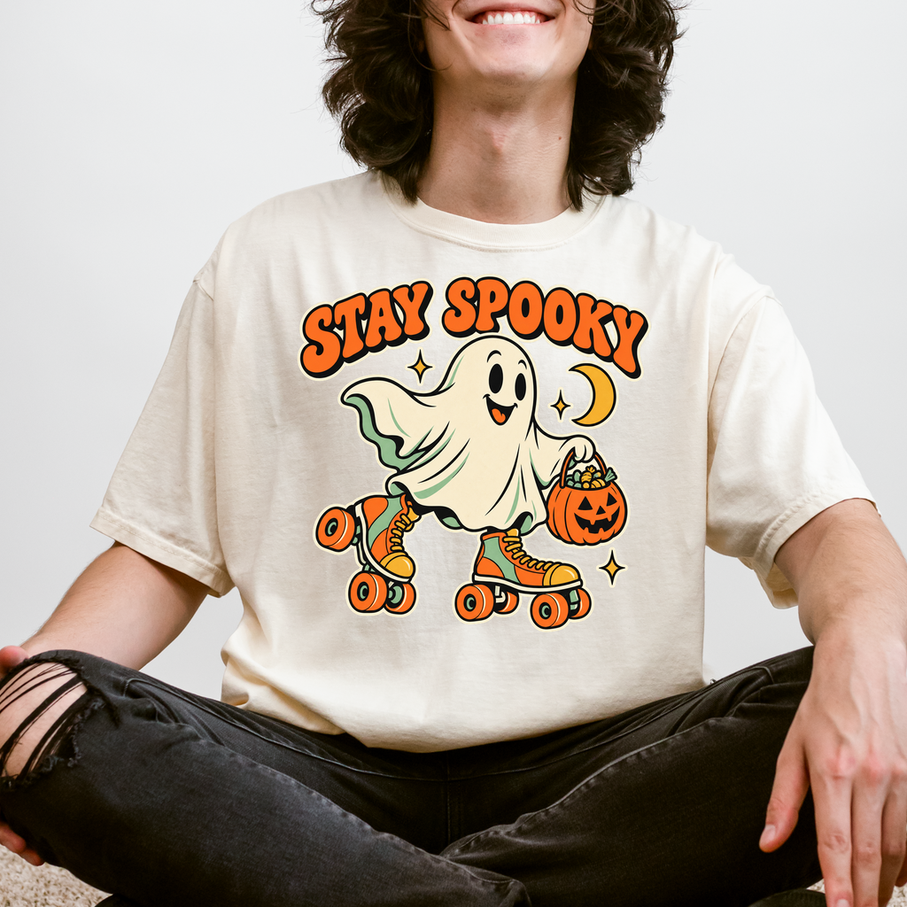Roller Skating Ghost Halloween T-Shirt, Stay Spooky Retro Cartoon, Pumpkin Candy Bucket, Comfort Colors