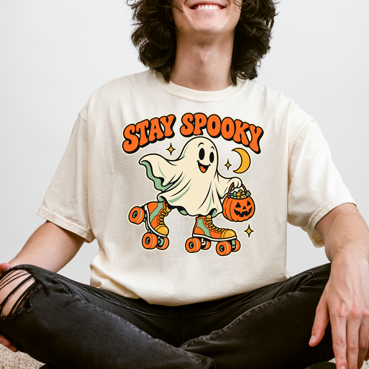 Roller Skating Ghost Halloween T-Shirt, Stay Spooky Retro Cartoon, Pumpkin Candy Bucket, Comfort Colors