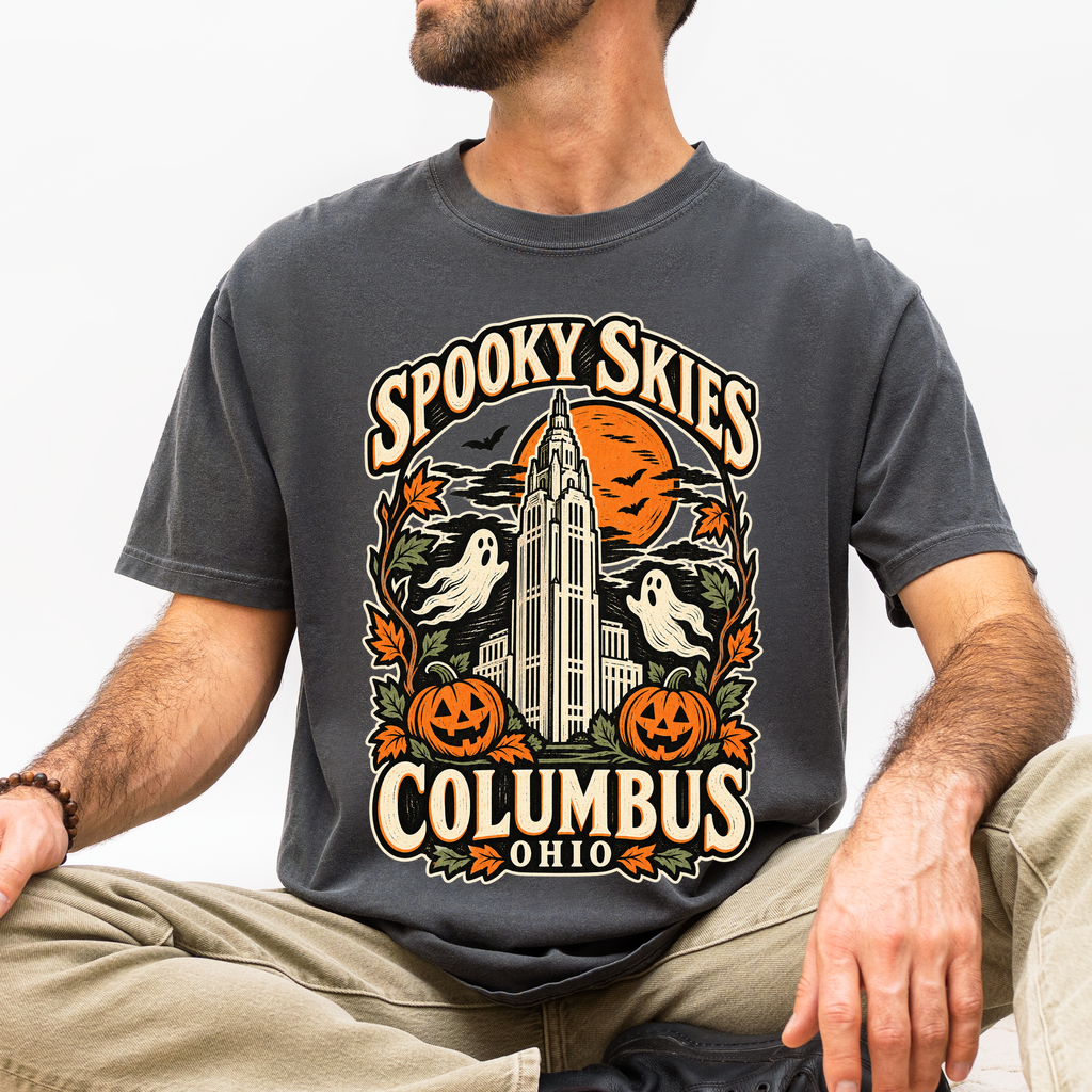 Columbus Halloween T-Shirt, LeVeque Tower Moon and Ghosts, Woodcut Folk Art, Comfort Colors Ohio Souvenir