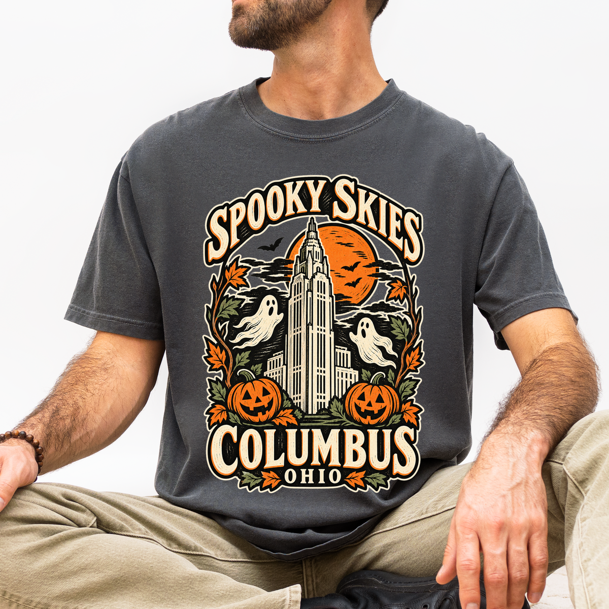 Columbus Halloween T-Shirt, LeVeque Tower Moon and Ghosts, Woodcut Folk Art, Comfort Colors Ohio Souvenir