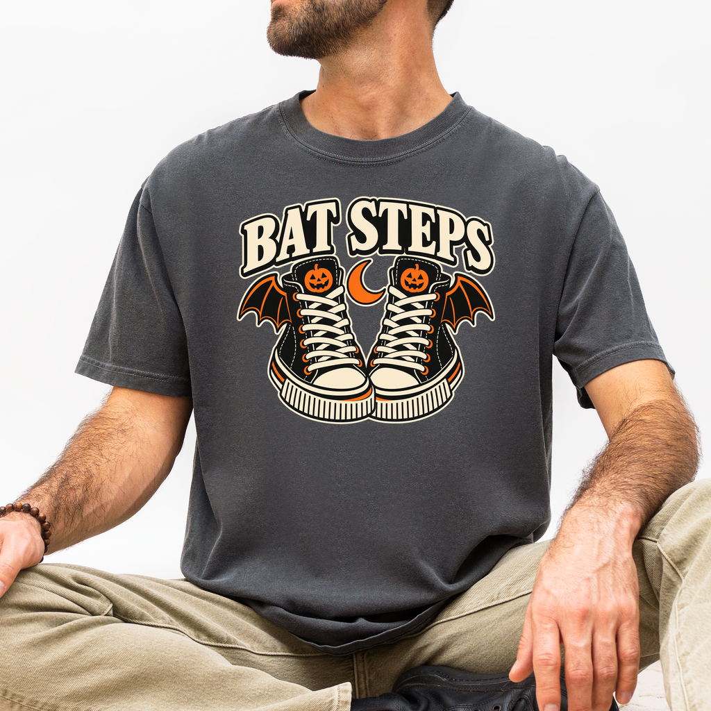 Bat Wing Sneakers Halloween T-Shirt, Bat Steps Pumpkin Design, Minimalist Spooky Season, Comfort Colors