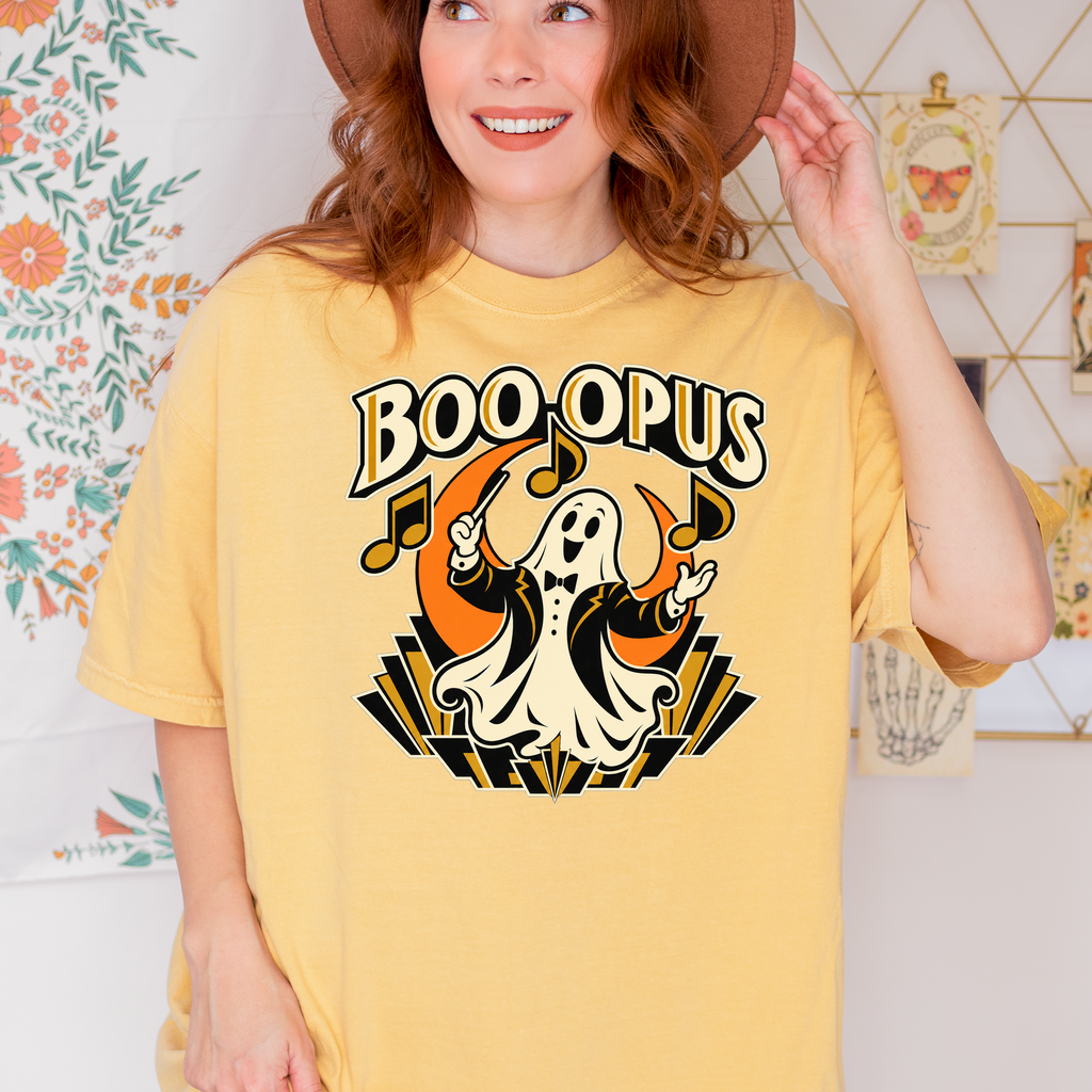 Ghost Music Conductor Halloween T-Shirt, Boo Opus Art Deco Musical Notes, Comfort Colors Spooky Season