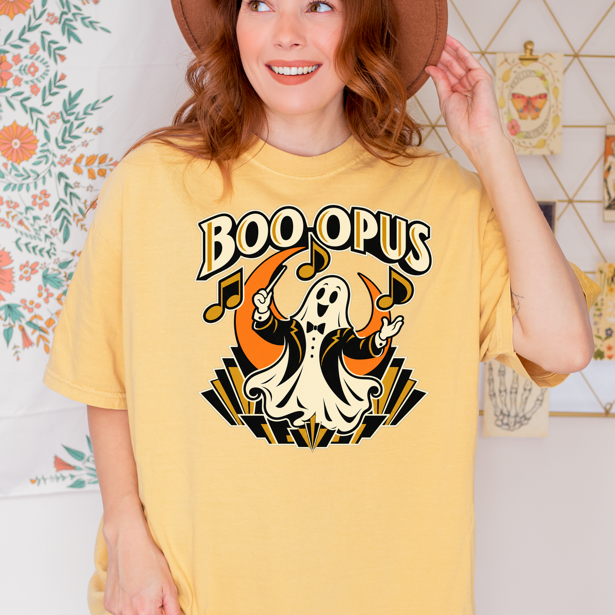 Ghost Music Conductor Halloween T-Shirt, Boo Opus Art Deco Musical Notes, Comfort Colors Spooky Season