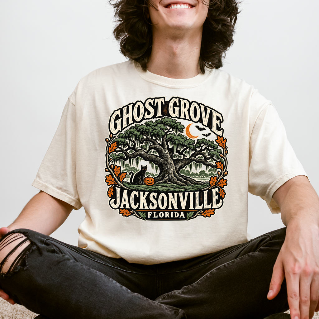 Jacksonville Halloween T-Shirt, Treaty Oak Black Cat and Pumpkin Folk Art, Florida Souvenir, Comfort Colors