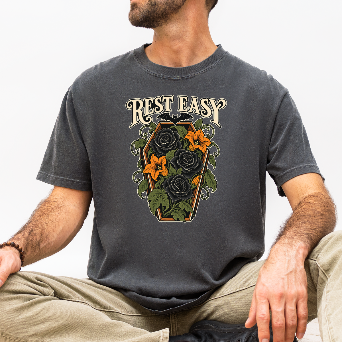 Coffin Flower Bed Halloween T-Shirt, Rest Easy Black Roses, Art Nouveau Botanical, Comfort Colors