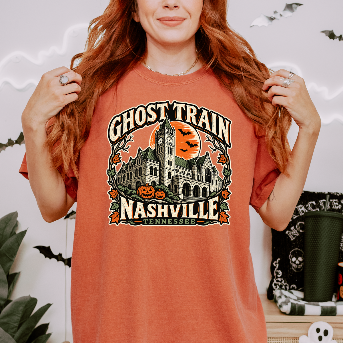 Nashville Halloween T-Shirt, Union Station Ghost Train, Comfort Colors, Woodcut Folk Art, Pumpkin Tennessee Souvenir