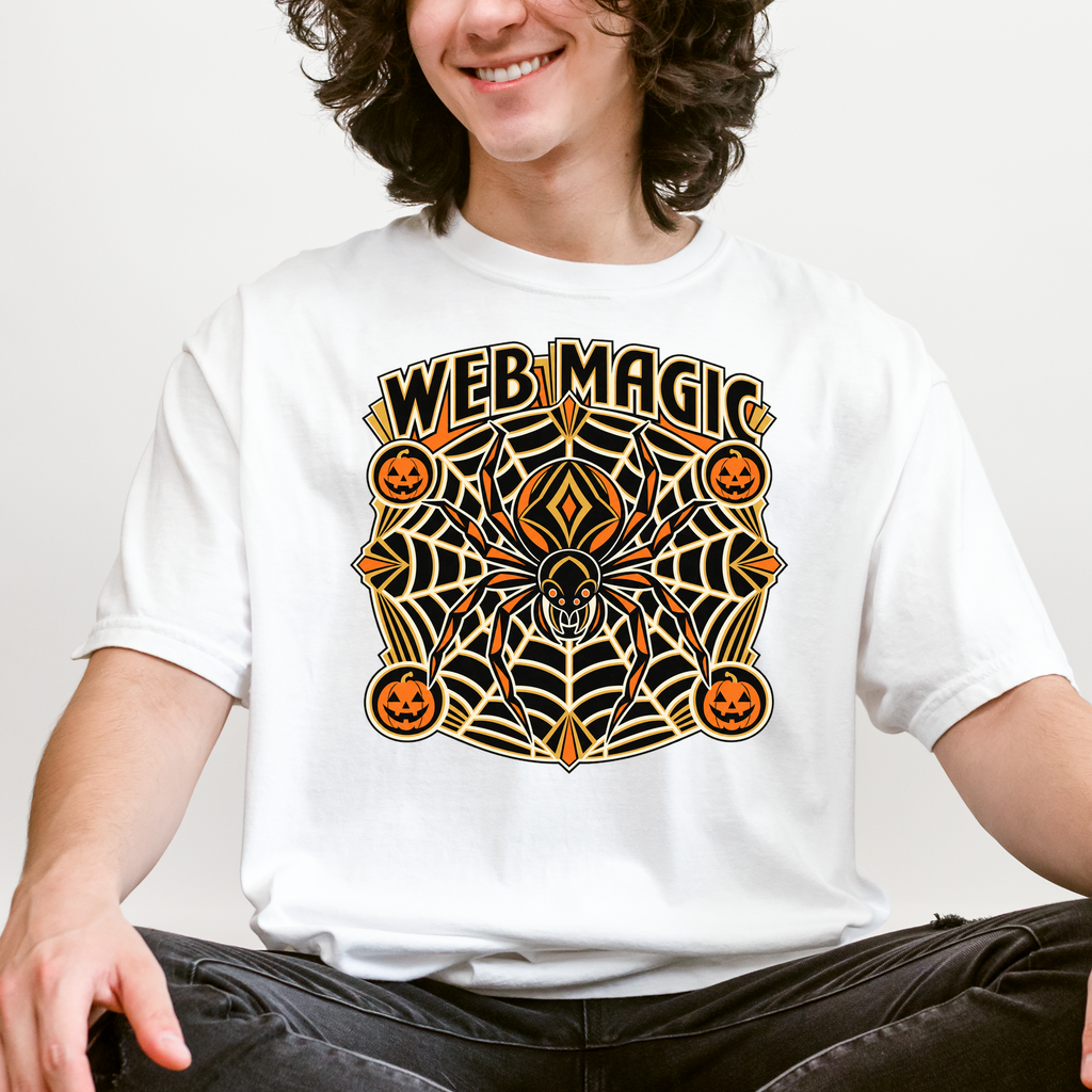 Spider Web Halloween T-Shirt, Web Magic Art Deco Mandala, Pumpkin Medallions, Comfort Colors Spooky Season
