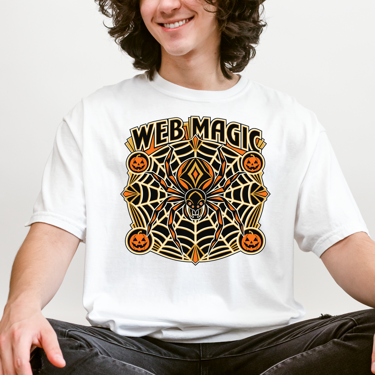 Spider Web Halloween T-Shirt, Web Magic Art Deco Mandala, Pumpkin Medallions, Comfort Colors Spooky Season