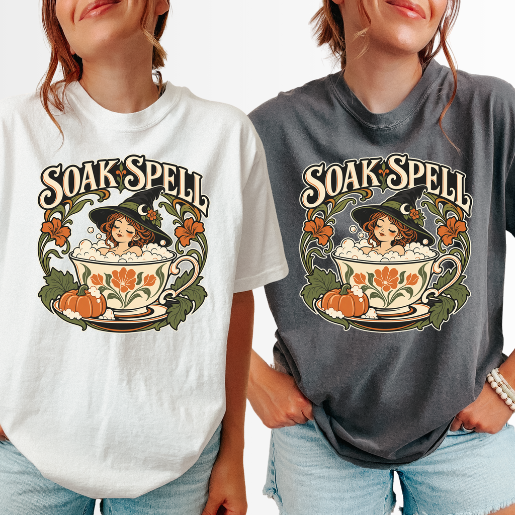 Witch Teacup Halloween T-Shirt, Soak Spell Bath, Art Nouveau Autumn Botanical, Comfort Colors, Spooky Season