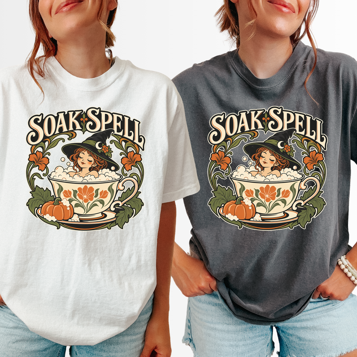 Witch Teacup Halloween T-Shirt, Soak Spell Bath, Art Nouveau Autumn Botanical, Comfort Colors, Spooky Season