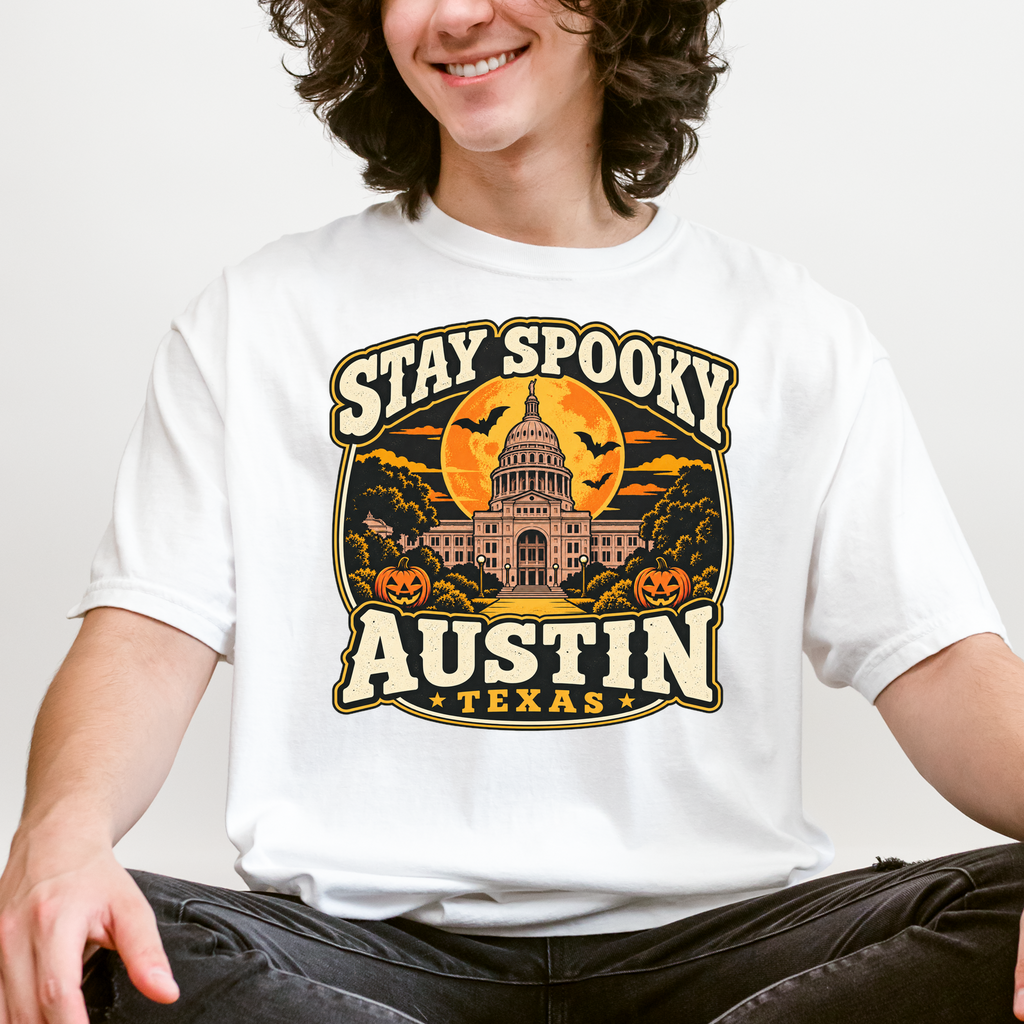 Austin Halloween T-Shirt, Texas State Capitol, Comfort Colors Retro Pumpkin Moon Souvenir, Stay Spooky Texas