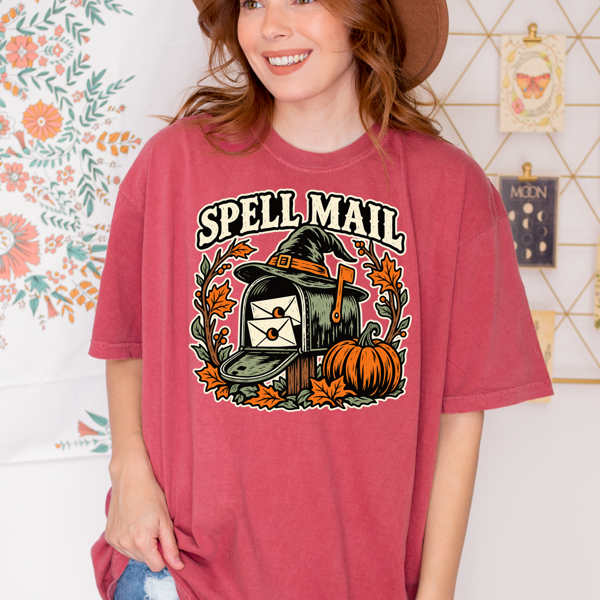 Witch Mailbox Halloween T-Shirt, Spell Mail with Pumpkin, Woodcut Folk Art, Comfort Colors Spooky Season