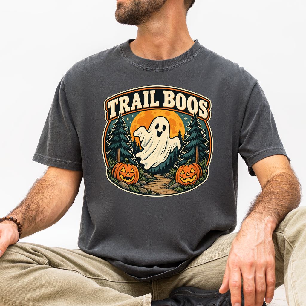 Ghost Halloween T-Shirt, Trail Boos Forest Badge, Retro Pine Trees, Jack-o-Lanterns and Harvest Moon, Comfort Colors