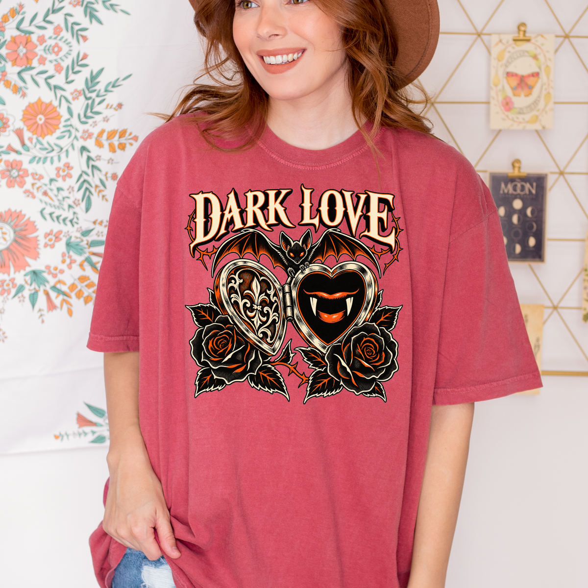 Vampire Heart Locket Halloween T-Shirt, Dark Love Gothic Woodcut, Bat and Black Roses, Comfort Colors