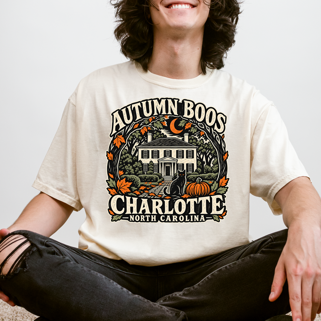 Charlotte Halloween T-Shirt, Historic Rosedale Black Cat and Pumpkin Folk Art, North Carolina Comfort Colors