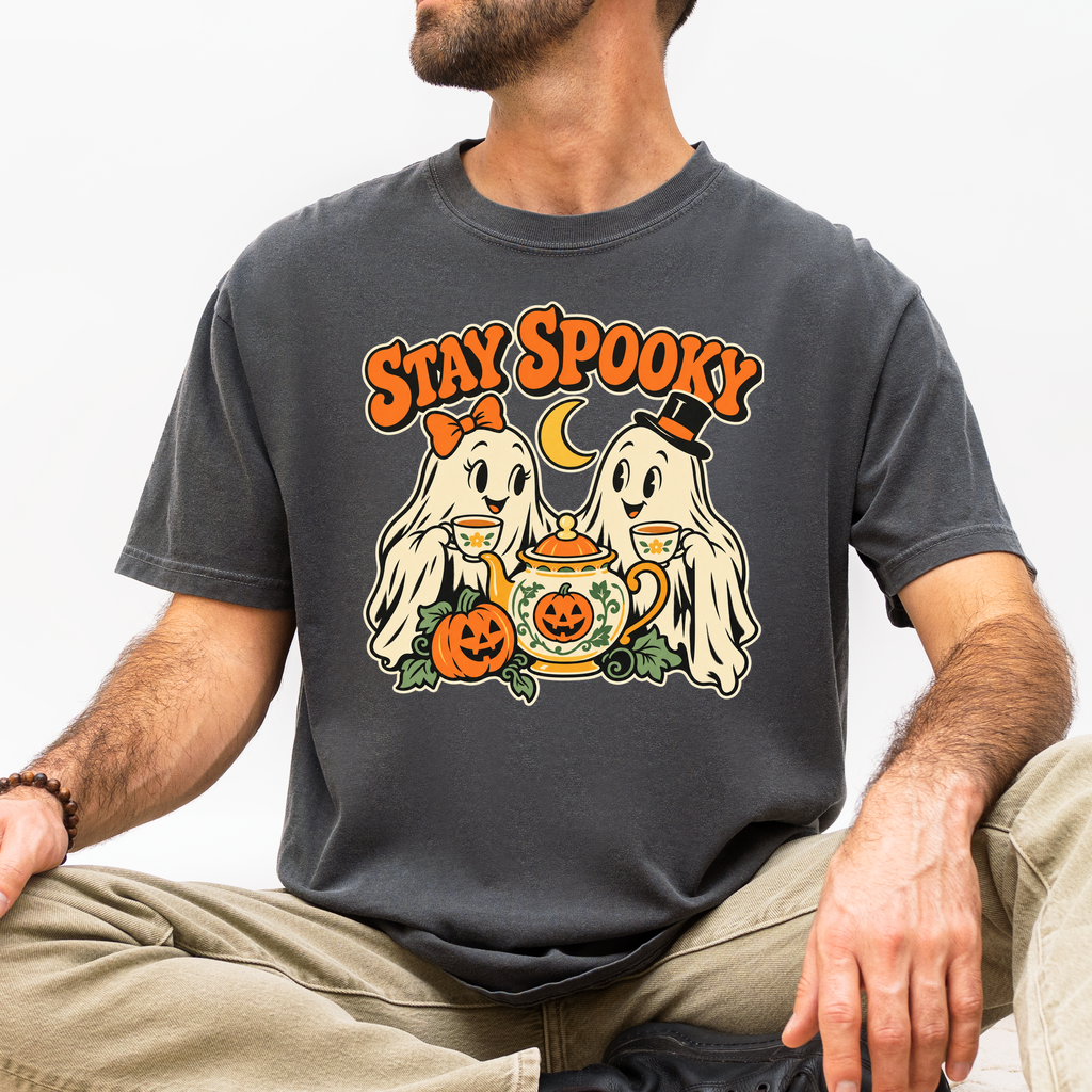Ghost Tea Party Halloween T-Shirt, Stay Spooky Retro 1950s Cartoon, Pumpkin and Crescent, Comfort Colors