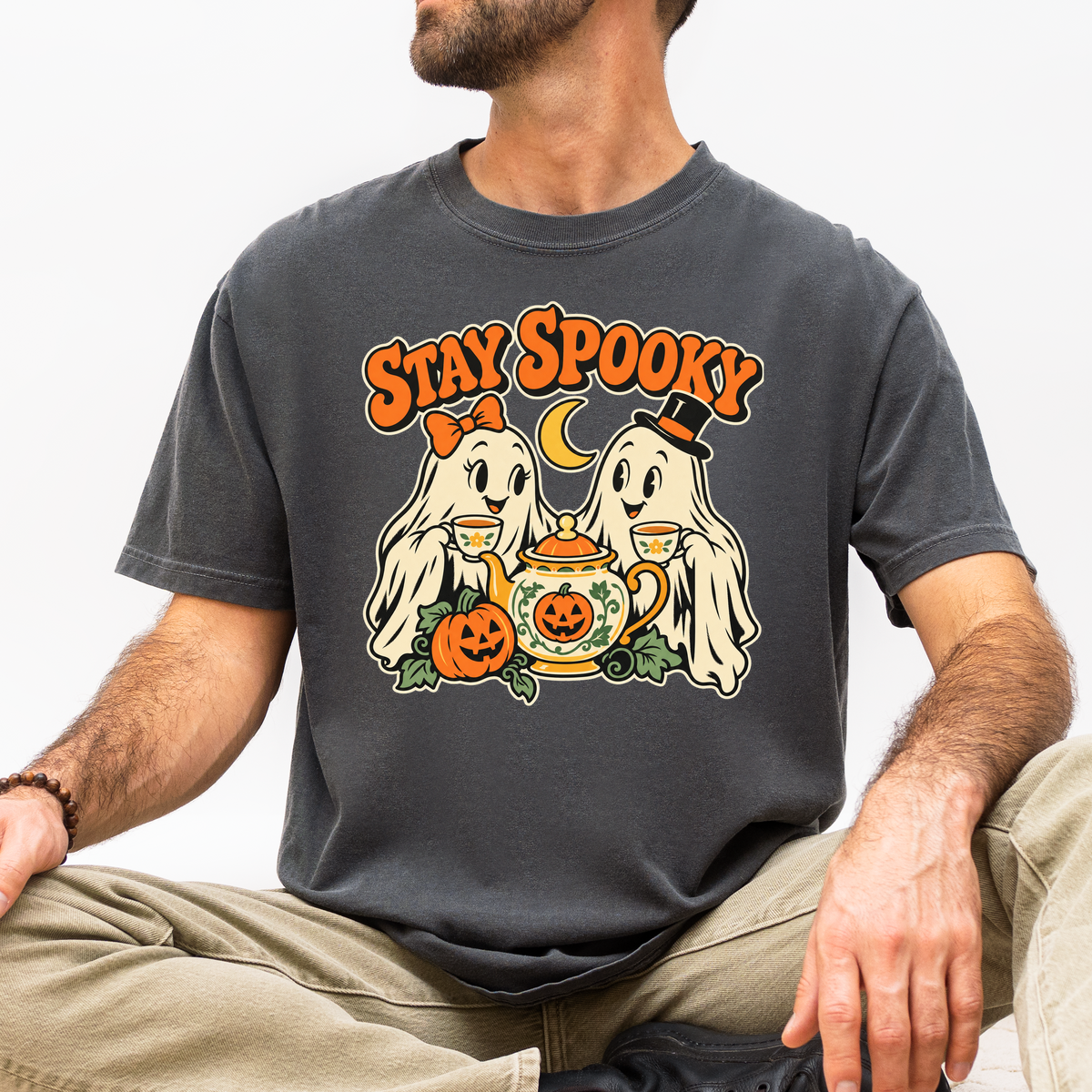 Ghost Tea Party Halloween T-Shirt, Stay Spooky Retro 1950s Cartoon, Pumpkin and Crescent, Comfort Colors