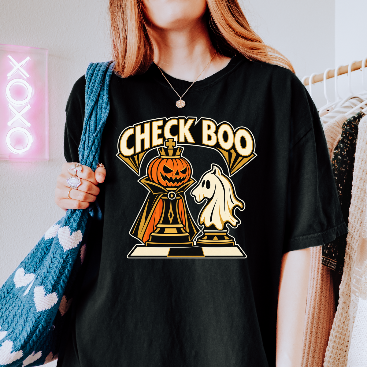 Pumpkin Chess Halloween T-Shirt, Check Boo King and Ghost Knight, Art Deco Spooky Season, Comfort Colors
