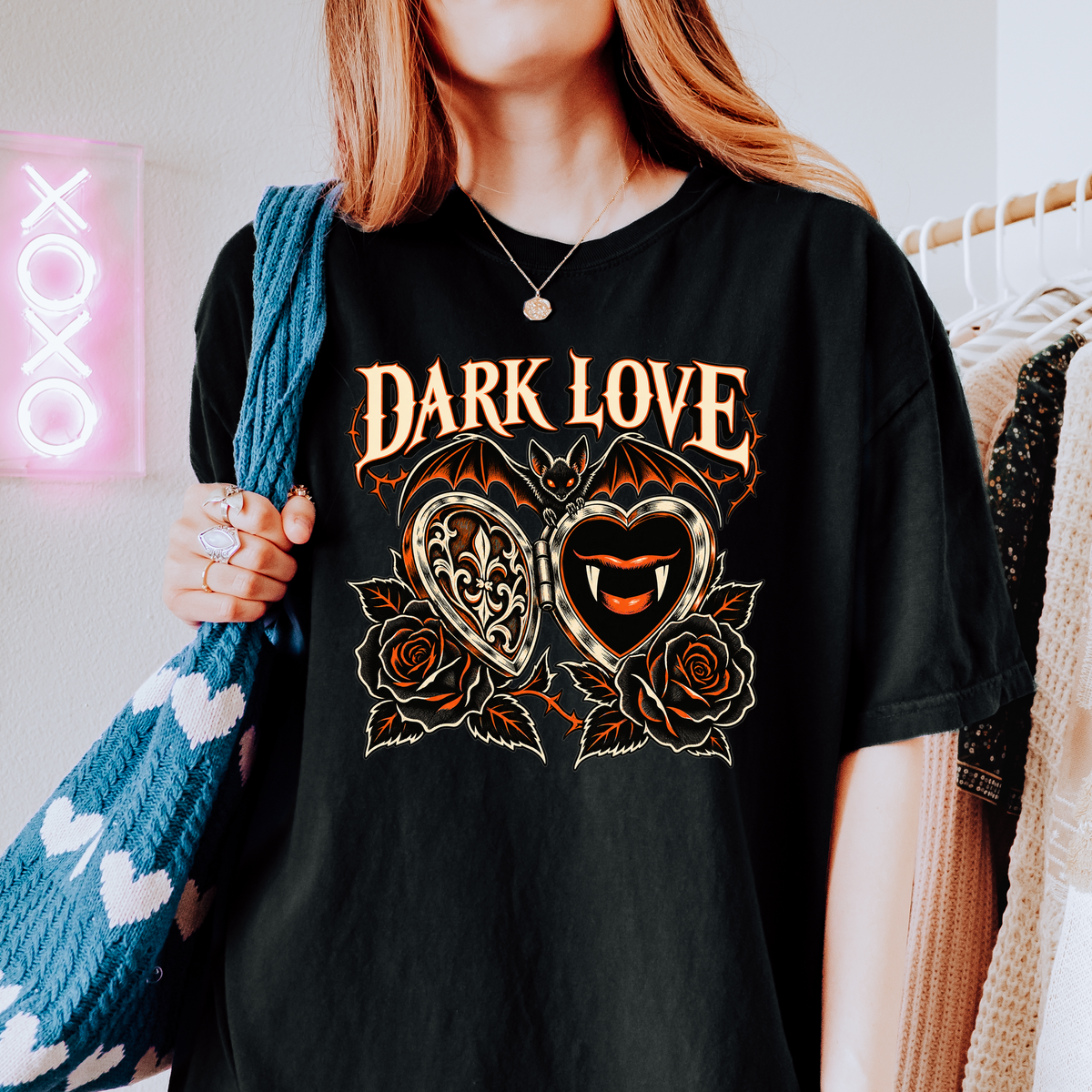 Vampire Heart Locket Halloween T-Shirt, Dark Love Gothic Woodcut, Bat and Black Roses, Comfort Colors
