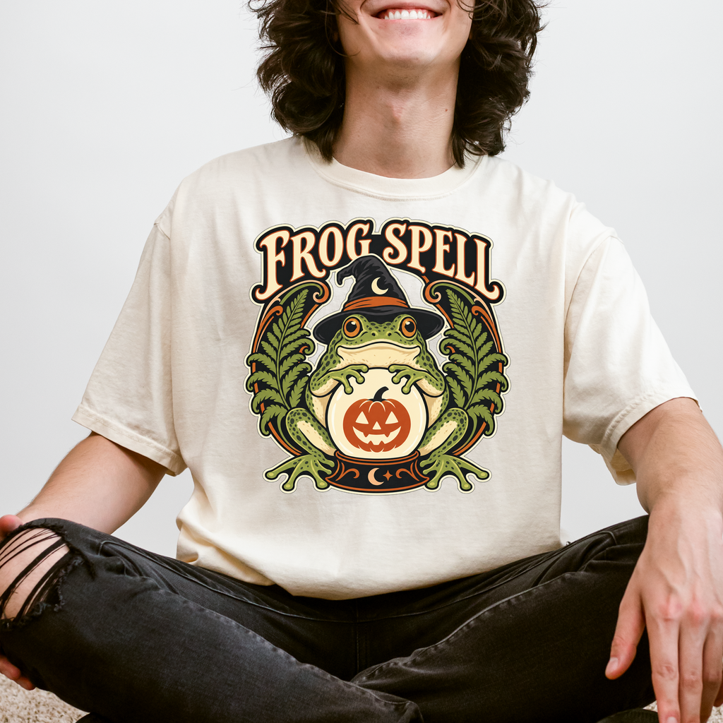 Frog Halloween T-Shirt, Fortune Teller Crystal Ball and Pumpkin, Art Nouveau Botanical Comfort Colors