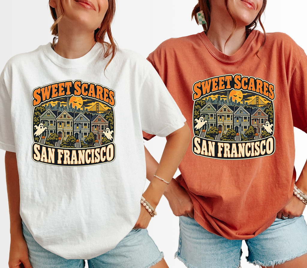 San Francisco Halloween T-Shirt, Painted Ladies Ghosts, Comfort Colors Retro California Souvenir, Sweet Scares