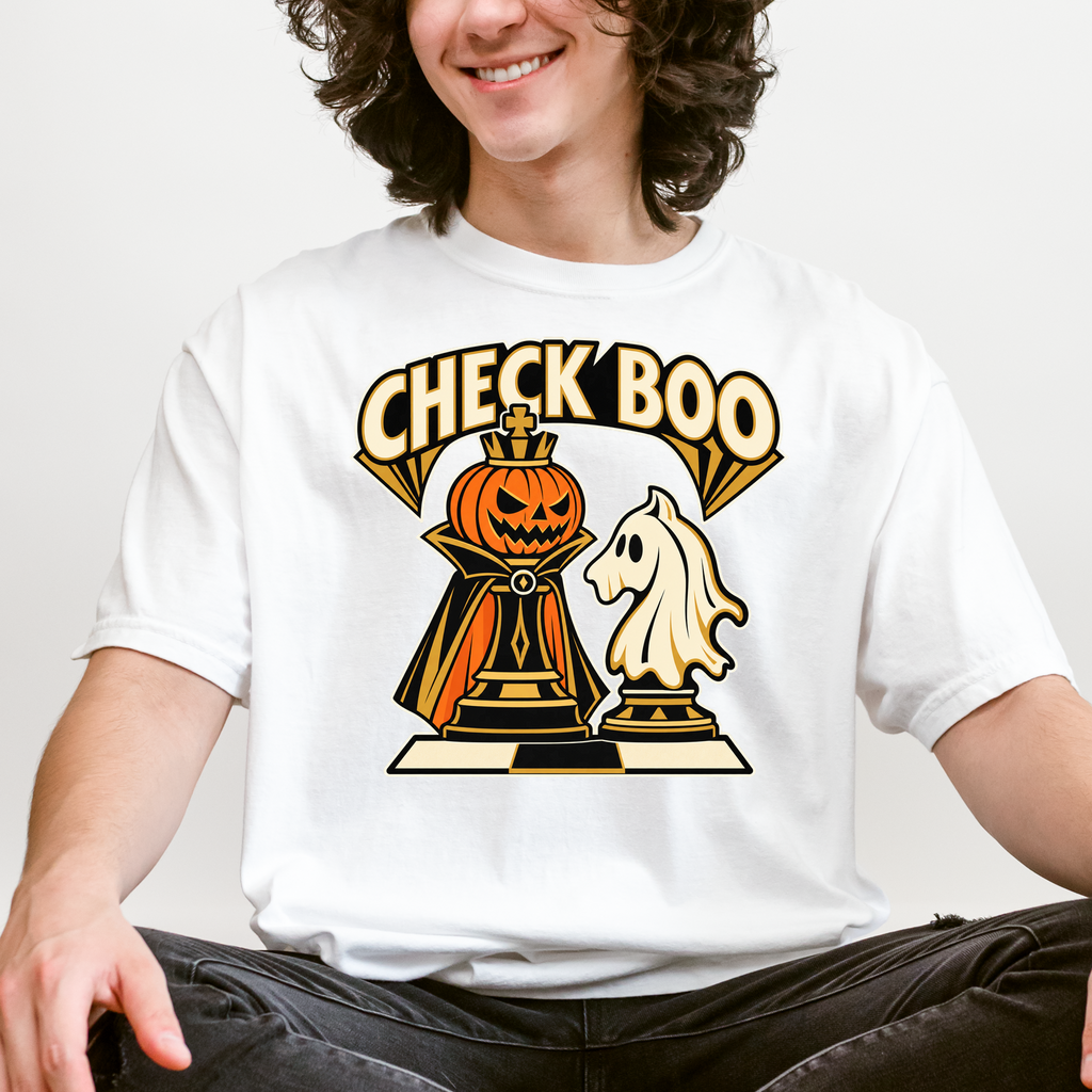 Pumpkin Chess Halloween T-Shirt, Check Boo King and Ghost Knight, Art Deco Spooky Season, Comfort Colors