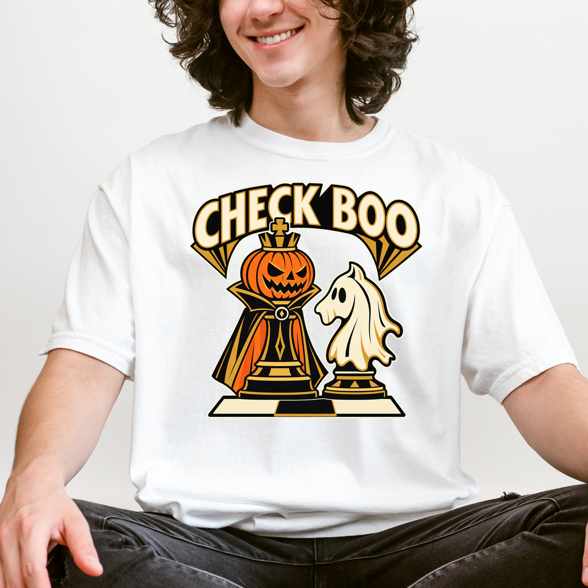Pumpkin Chess Halloween T-Shirt, Check Boo King and Ghost Knight, Art Deco Spooky Season, Comfort Colors