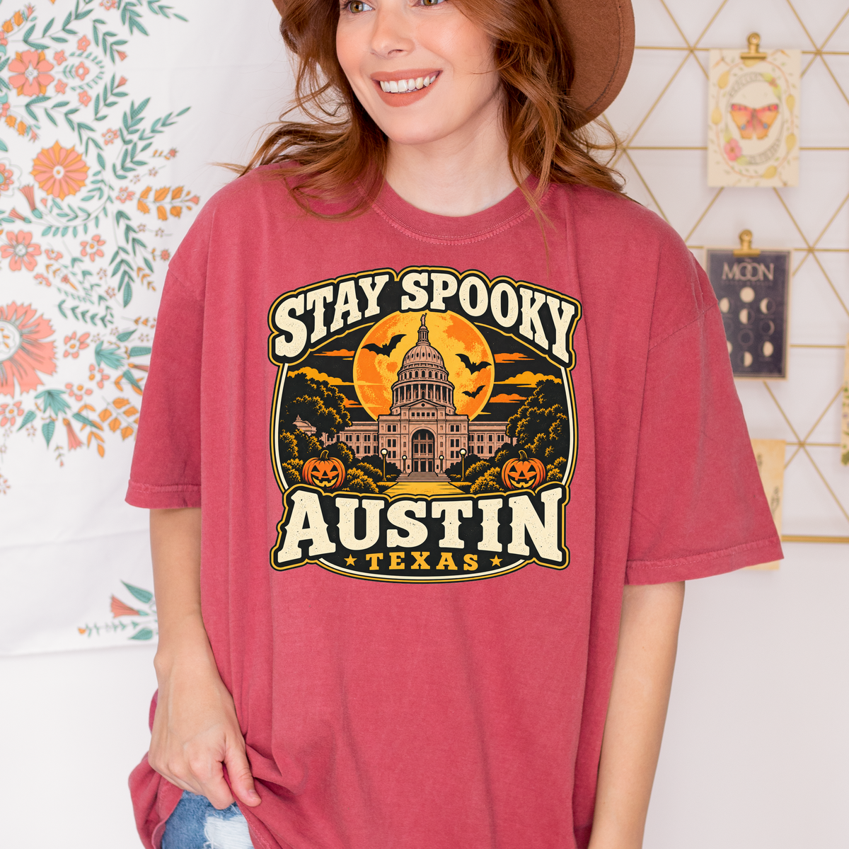 Austin Halloween T-Shirt, Texas State Capitol, Comfort Colors Retro Pumpkin Moon Souvenir, Stay Spooky Texas