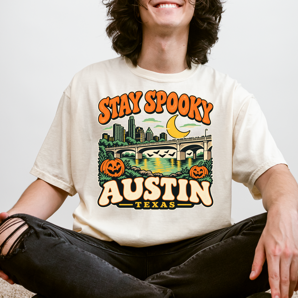 Austin Halloween T-Shirt, Congress Avenue Bridge Bats and Pumpkins, Retro Texas Souvenir, Comfort Colors