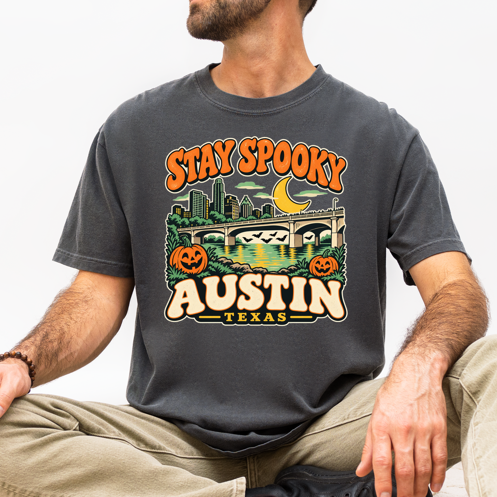 Austin Halloween T-Shirt, Congress Avenue Bridge Bats and Pumpkins, Retro Texas Souvenir, Comfort Colors
