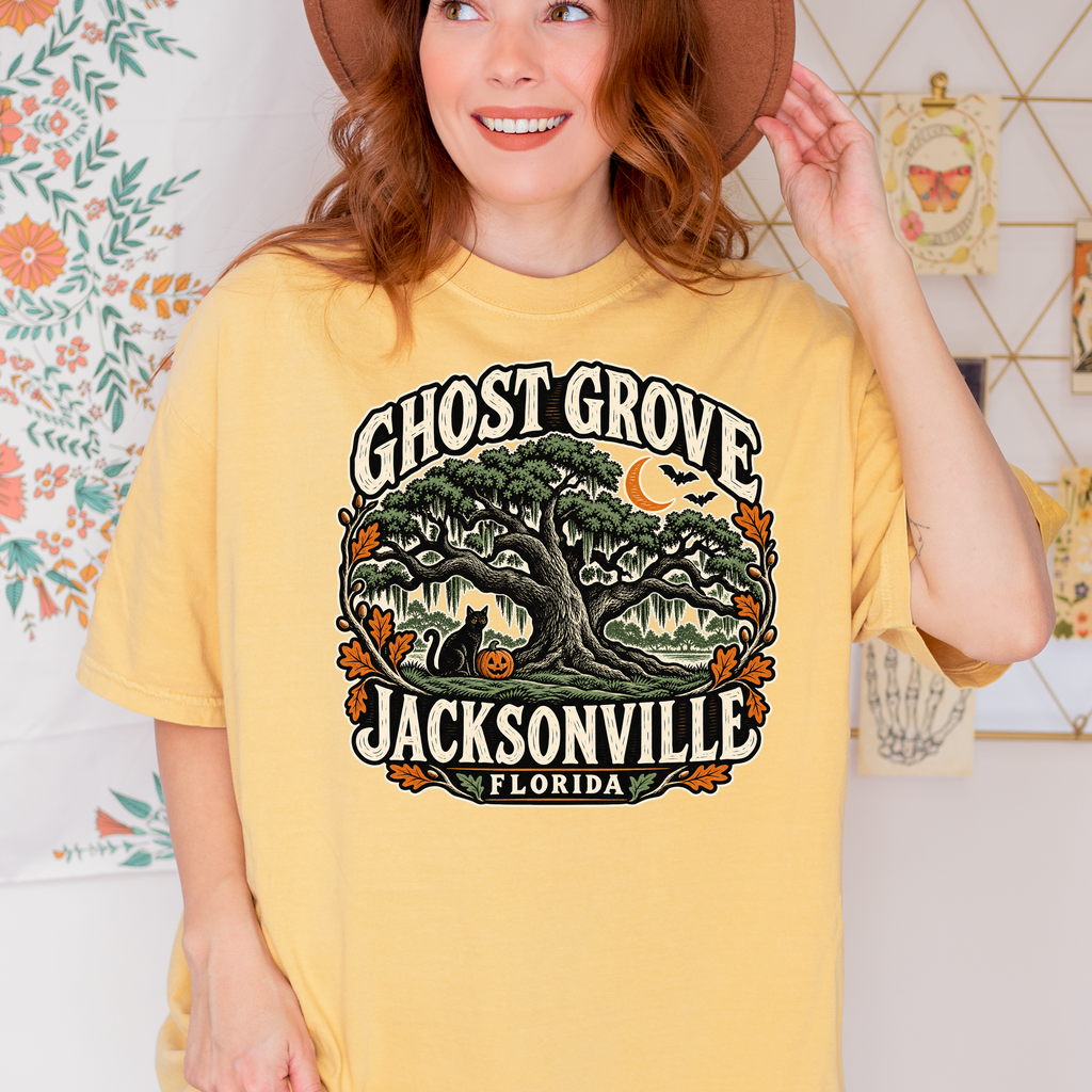 Jacksonville Halloween T-Shirt, Treaty Oak Black Cat and Pumpkin Folk Art, Florida Souvenir, Comfort Colors