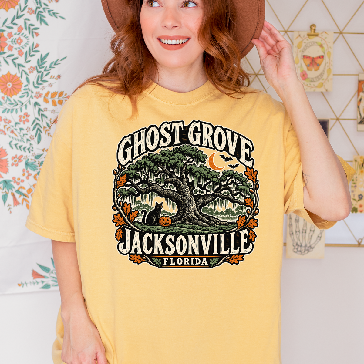 Jacksonville Halloween T-Shirt, Treaty Oak Black Cat and Pumpkin Folk Art, Florida Souvenir, Comfort Colors