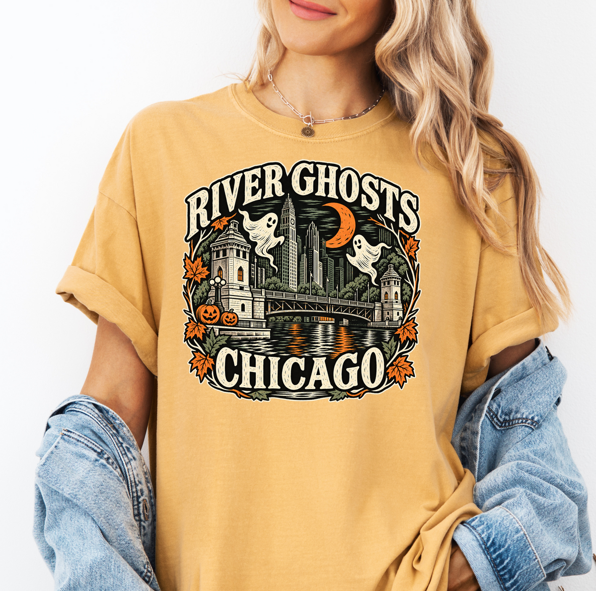 Chicago Halloween T-Shirt, DuSable Bridge River Ghosts, Comfort Colors Folk Art, Illinois Spooky Season Souvenir