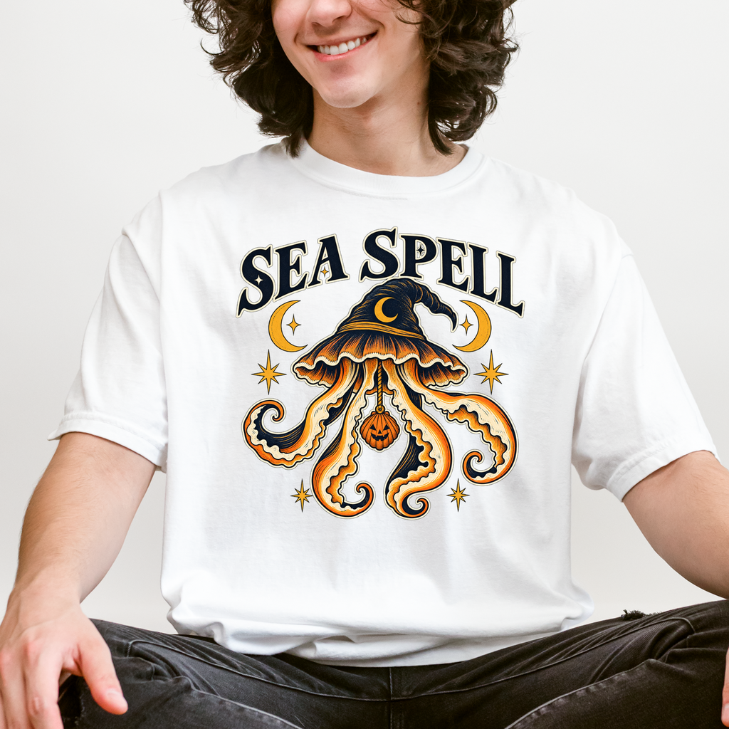 Witch Hat Jellyfish Halloween T-Shirt, Pumpkin Seashell, Celestial Gothic Sea Spell Art, Comfort Colors