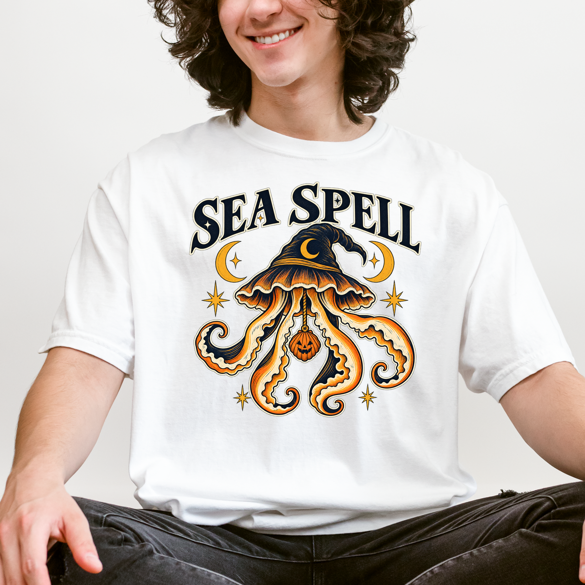 Witch Hat Jellyfish Halloween T-Shirt, Pumpkin Seashell, Celestial Gothic Sea Spell Art, Comfort Colors