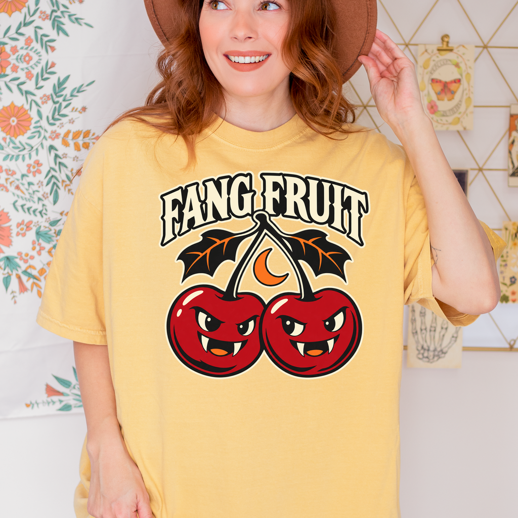 Vampire Cherry Halloween T-shirt, Fang Fruit with Bat-Shaped Leaves, Minimalist Silhouette, Comfort Colors